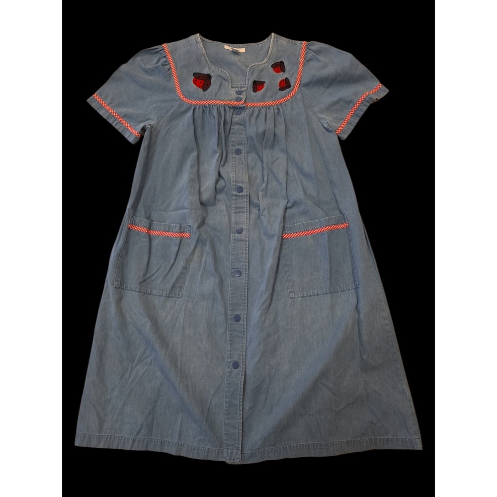 Go Softly Patio Denim Prairie Dress Medium Ladybug Embroidered Cottagecore